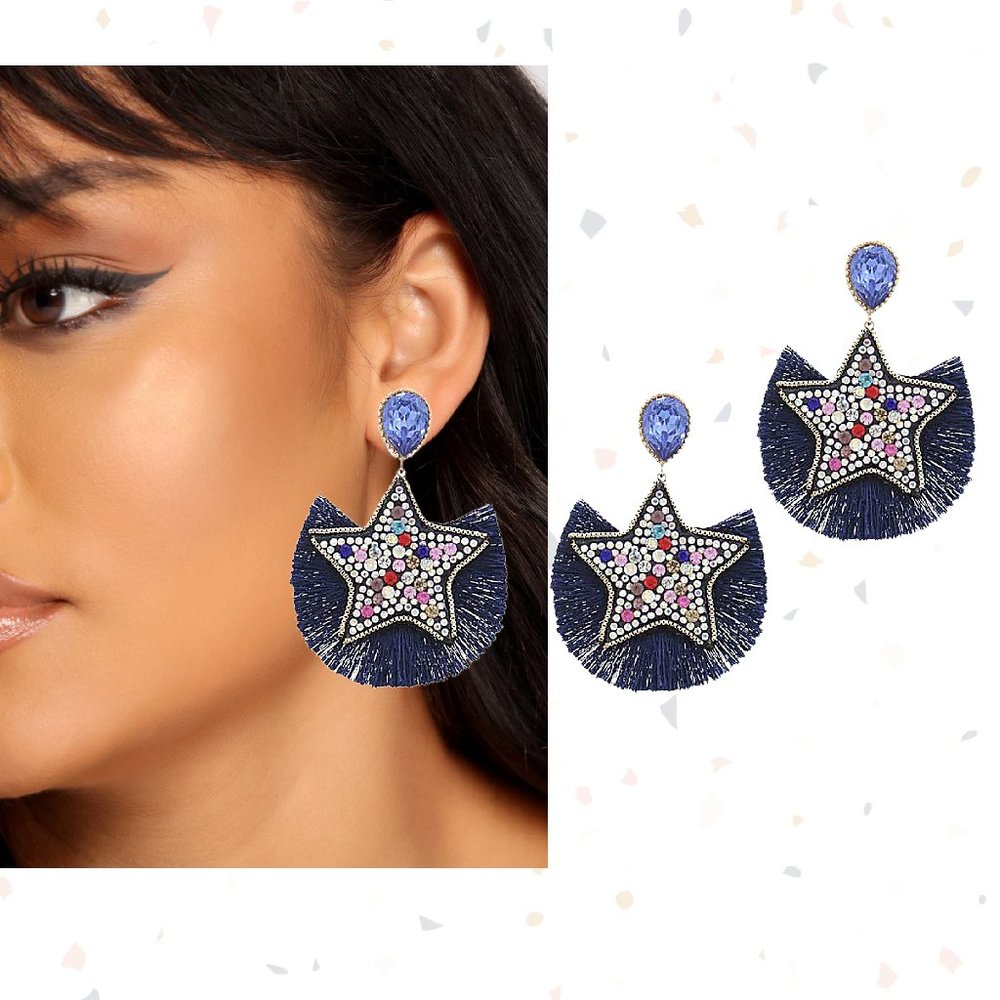 NEW Star Earrings Beaded Rhinestone Sparkle Blue Star Boho Dallas Cowboys
